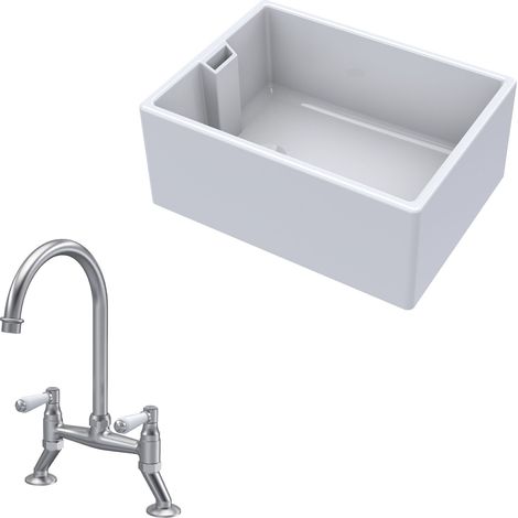 Fireclay Kitchen Bundle - 1 Bowl Belfast Sink & Bridge Lever Mixer Tap, 615mm - Brushed Nickel