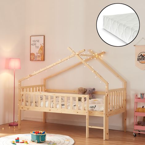 Hausbett Sotkamo mit Matratze 90x200cm mit Rausfallschutz Natur [en.casa]