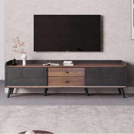 Mobile TV con 2 cassetti e 2 ante scorrevoli, 160 x 40 x 58 cm, nero e legno DESVIAE (1/5)