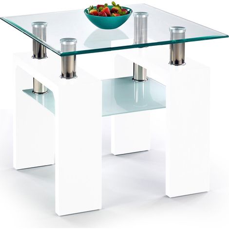 Mesa de centro Houston 546, Blanco brillante, 55x60x60cm, Diámetro: 0, Vidrio templado, Angular