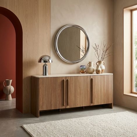Buffet décor bois noyer et effet travertin 3 portes 160cm - Aretha (1/5)