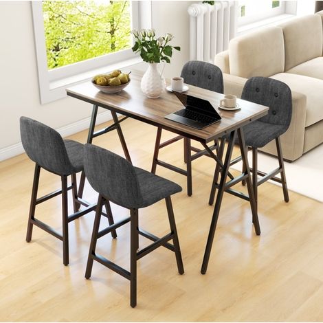 Set tavolo bar con 4 sgabelli 120x60x91 cm, imbottitura spessa, tessuto effetto lino, grigio scuro (1/5)