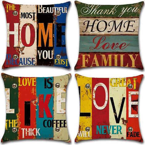 Set mit 4 Kissenbezügen aus Leinen und Polyester – Motiv „Liebe zum Zuhause“ – 45 x 45 cm (1/5)