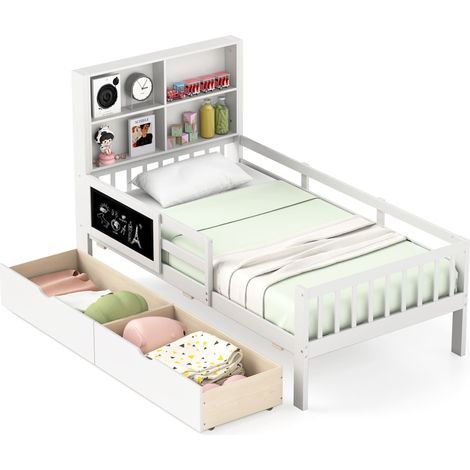 COSTWAY Single Size Bed Frame Solid Wood Platform Bed w/2 Storage Drawers (1/5)