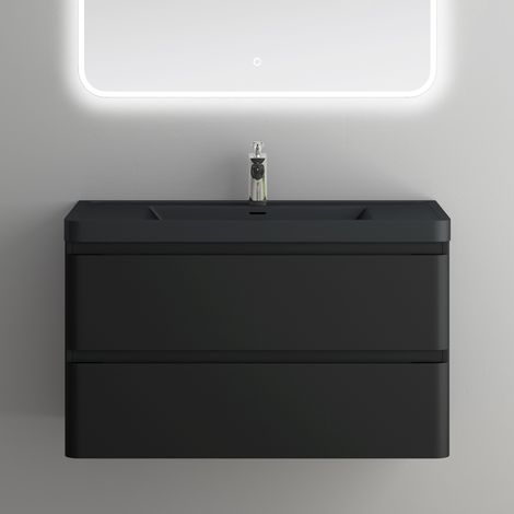 Mai & Mai Meuble de Salle de Bain Suspendu 90x48x55cm avec 2 Tiroirs et Lavabo Meuble Sous Lavabo Noir Mat Lucca