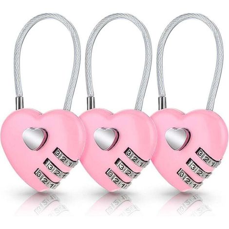 Lot de 3 cadenas à combinaison en forme de cœur rose pour valise, joli cadenas à code en forme de cœur, petit cadenas étanche pour sacs de voyage, sacs à dos (code original : 0-0-0)