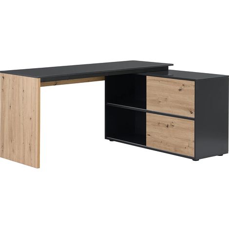 Vente-Unique – Bureau d'angle MDF 150x124 cm – 2 portes coulissantes – Coloris naturel et noir – Charge max 50 kg (1/4)