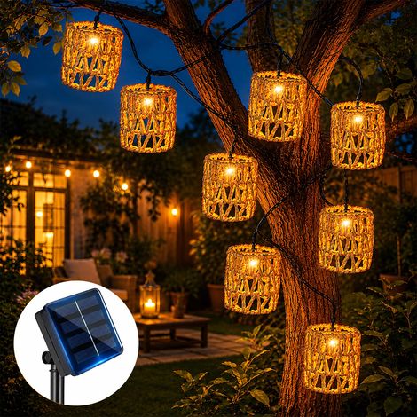 Lot de 10 guirlandes lumineuses solaires d'extérieur - Lampions solaires LED en rotin - Guirlande lumineuse d'extérieur - Lampes solaires pour balcon, jardin, extérieur (1/5)