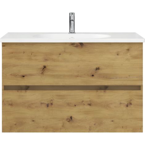 Burgbad – Meuble de salle de bain simple vasque 100 cm – Vasque rectangulaire en céramique – Siphon gain de place – Finitions chêne moderne