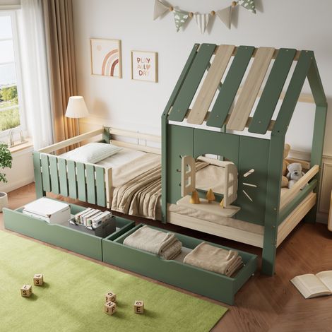 Cama infantil casita con cajones y ventana verde OKMYHOME (1/5)