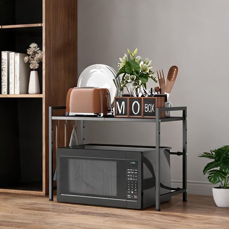 Étagère micro-ondes extensible en métal noir avec crochets (1/5)