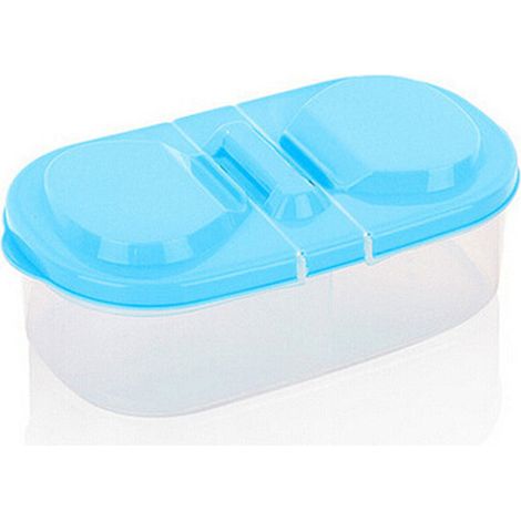 Caja de almacenamiento de plástico azul con doble compartimento y tapa para alimentos de cocina, latas selladas, multifuncional, para refrigerador. (1/5)