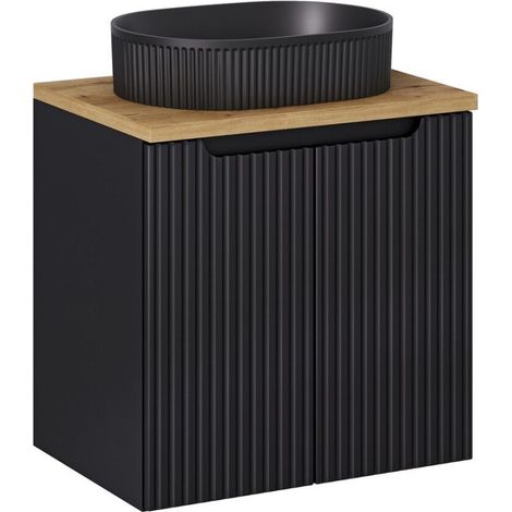 Ensemble Meuble Salle de Bain 2 portes + Vasque + Plateau L 60 x P 40 x H 59,5 cm - Astral - Noir et effet chêne - Livraison gratuite (1/5)