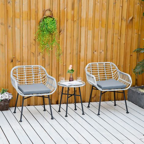Gris - Ensemble de meubles de jardin en rotin en EP 3 pièces, extérieur avec 2 chaises et table basse en verre pour terrasse et bistrot