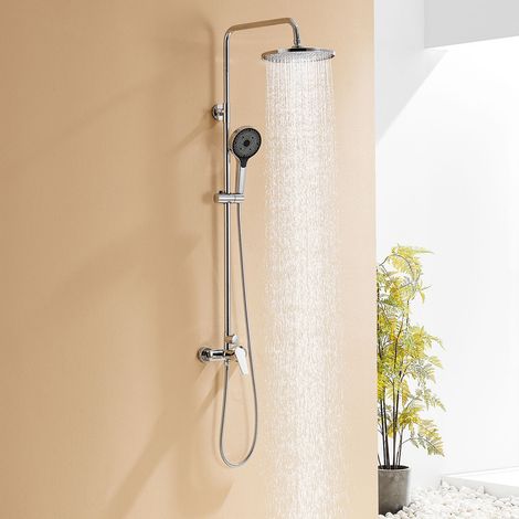 Auralum Colonne de Douche 2 Fonctions Ensemble de Douche Hauteur Réglable 103-139 cm Set de Douche en Laiton avec 26x26cm Douche de Tête, Douchette Ronde avec 3 Jets D'eau pour Salle de Bain, Chromé (1/5)