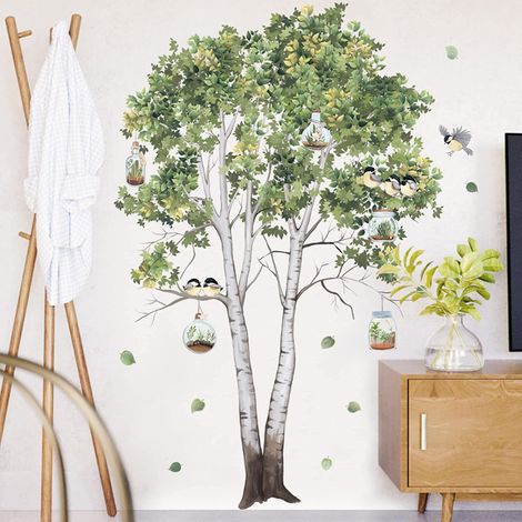 Stickers muraux Arbre de bouleau, feuilles vertes, décoration murale arbre pour chambre d'enfant, chambre d'école, salon, chambre à coucher (bouleau et oiseau) (1/5)