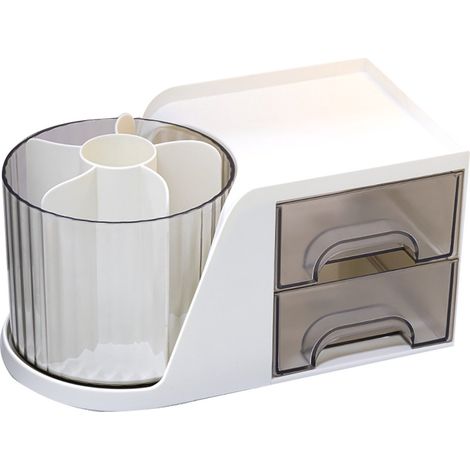 Rangement de bureau - Organiseur de bureau avec porte-stylo rotatif - Organiseur de bureau rotatif - Rangement à 2 tiroirs - Bureau à domicile - Enseignant - Enfants - Fournitures artistiques - Blanc (1/4)