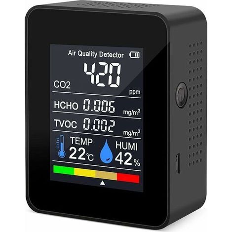 Détecteur de qualité d’air portable, mesure CO2, température, humidité, TVOC, formaldéhyde HCHO, noir (1/4)
