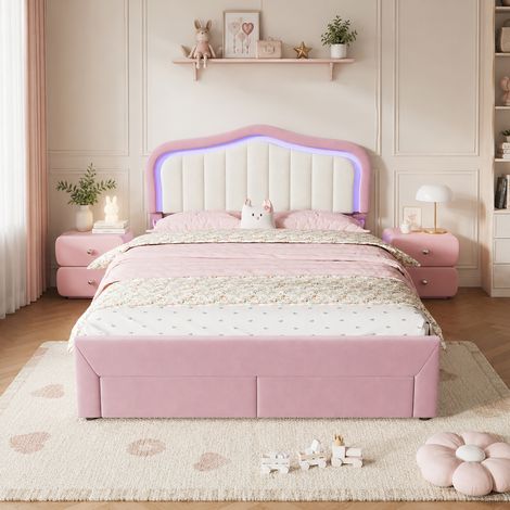 Lit rembourré enfant 140/200 cm rose avec 2 tiroirs et LED contrôlée par application (1/5)