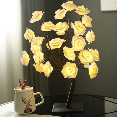 Lampe Table - Arbre à Roses - 24 LED USB - Veilleuse Décorative - Hauteur 33 cm - Matériau PP + Résine - Blanc Chaud - 1 Pièce (1/3)
