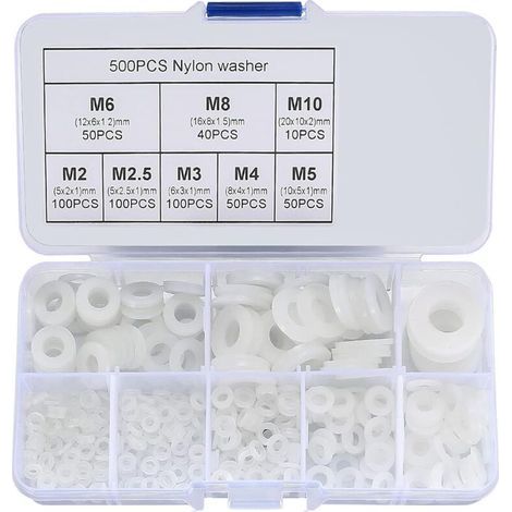 500 Stück weiße Nylon-Unterlegscheiben, Sortiment flacher Kunststoff-Unterlegscheiben für Sanitär-, Armaturen- und mechanische Reparaturen, Größen M2, M25, M3, M4, M5, M6, M8, M10 (1/5)