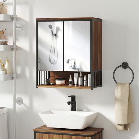 Wandhängender Badezimmerschrank mit Spiegel, Badezimmermöbel mit offenem Fach und Soft-Close-Tür, braun
