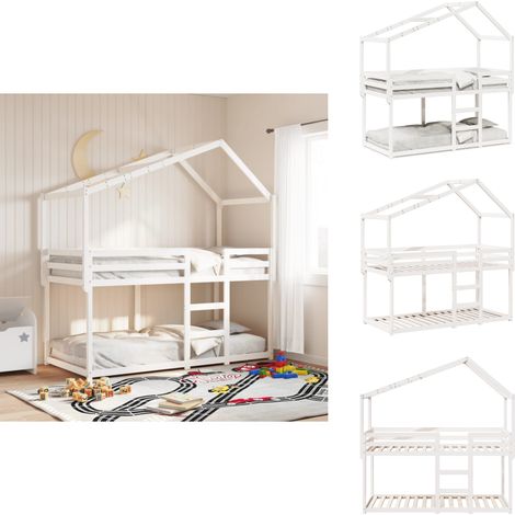 Etagenbett mit Dach Weiß 80x200 cm Massivholz Kiefer - Kinderbett - Holzbett - Jugendbett - Etagenbett - Hochbett (1/5)
