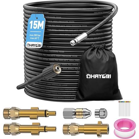 15M Tuyau Deboucheur Canalisation Nettoyage Haute Pression pour Kärcher K2-K7 HD HDS, Lavor, Bosch, Parkside,180Bar Kit Furet Professional avec Buse Rigides+Rotatives+3 Adaptateurs en Cuivre Résistant (1/5)