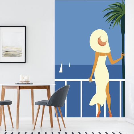 Papier peint intissé 250 cm X 150 cm, Vue sur Mer avec Personnage Romantique Beige. Décoration Murale Panoramique pour Murs Intérieurs. (1/2)