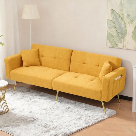 Sofá cama en tejido efecto lana amarillo 175 cm con respaldo ajustable y bolsillos laterales (1/5)