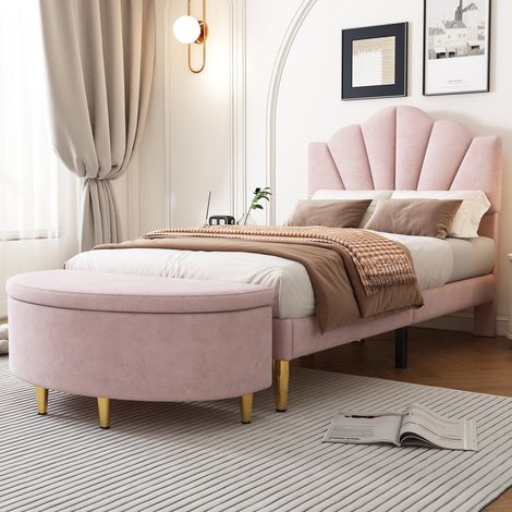 Lit capitonné en velours rose, 90x200 cm, design coquillage avec pieds en fer doré, tête de lit réglable, avec banc de rangement (1/5)