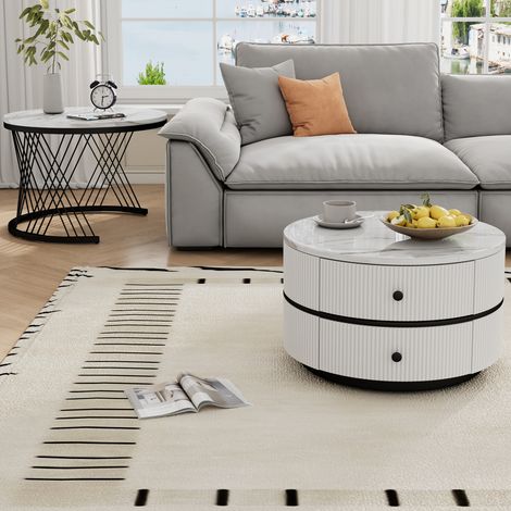 Set de 2 tables basses rondes blanches gigognes, 60x60x46cm & 50x50x31cm, finition marbre brillant, 2 tiroirs, charge max 30kg, meuble d'appoint élégant pour salon. (1/5)