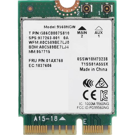 Carte réseau sans fil Bluetooth 5.0 802.11ac M.2 avec adaptateur Wi-Fi, antenne 9560NGW 1730 Mbps et 2 câbles d'antenne externes (1/5)