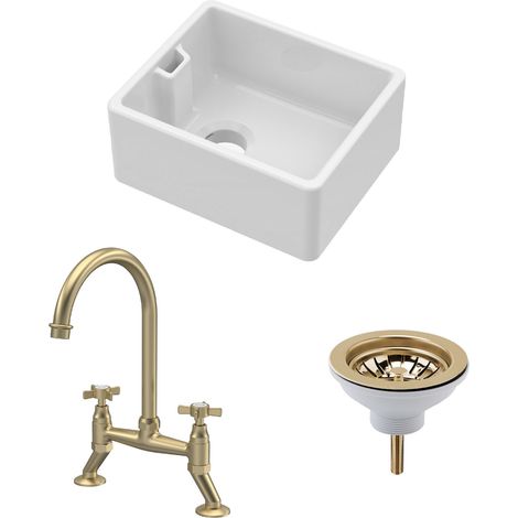 Fireclay Kitchen Bundle - Compact Single Bowl Belfast Sink, Strainer Waste & Bridge Tap, 460mm - Brushed Brass - Balterley