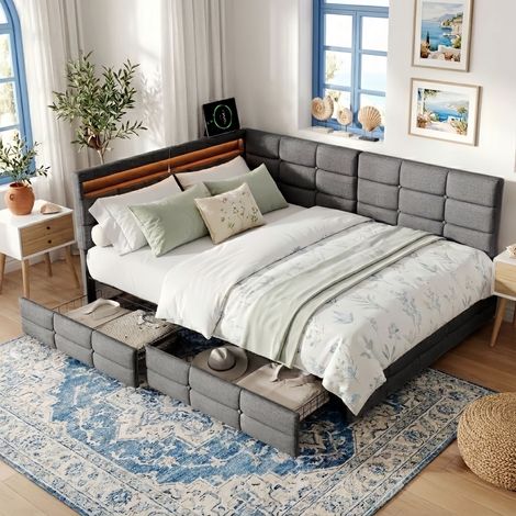 Lit Double 140x200 cm avec 2 Tiroirs, Lit 2 Places Rembourré en Tissu Lin avec Ports USB et Sommier, Lit d'Angle / Lit d'Appoint pour Chambre d'Amis et Ado - Gris