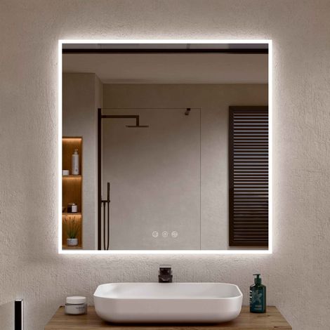 BELLOBATH – Badezimmerspiegel mit LED-Perimeter-Licht, verstellbares Licht in 3 Farben und Intensität, Beschlagsicherung, weißer Aluminiumrahmen – 80 cm hoch x 60 cm breit