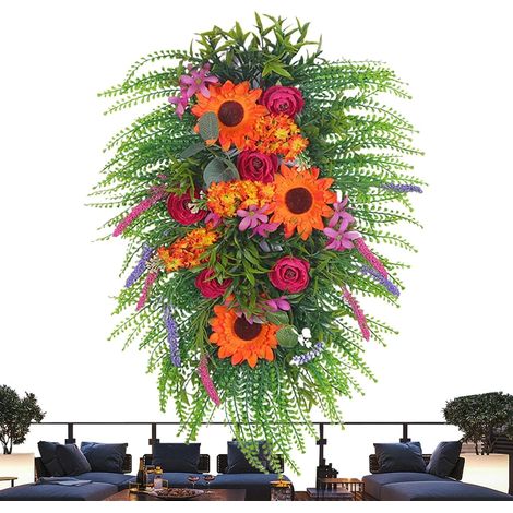 Couronne de Porte d' Décor réaliste Rustique de Printemps Couronne florale de tournesols pour porte d'entrée Pour maison, ferme, balcon, terrasse, patio, jardin, fête saisonnière (1/5)