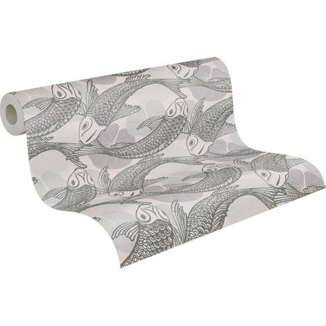 Papier peint Koi gris Papier peint non-tissé asiatique avec design de poisson pour le salon et la salle à manger Papier peint japonais (1/5)