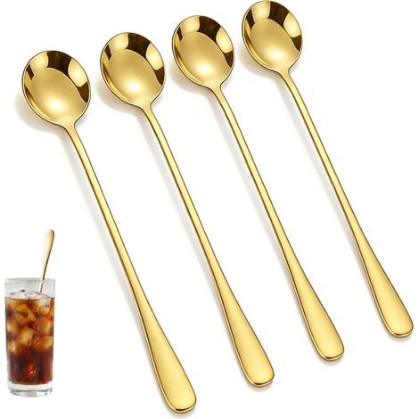 Lot de 4 cuillères à soupe en acier inoxydable plaqué or avec poignée de 18,3 cm de long, agitateurs à cocktail polis miroir, passent au lave-vaisselle, pour maison, bar, restaurant, café doré (1/5)