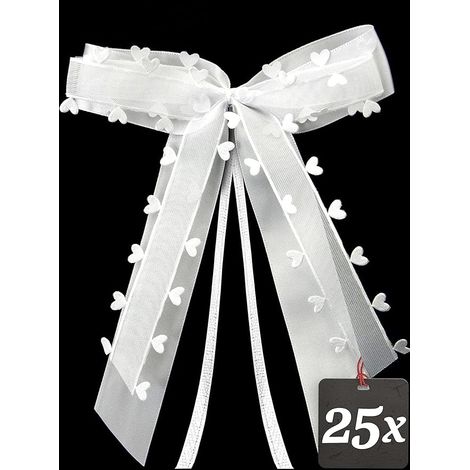 25 noeuds de voiture de mariage en forme de coeur blanc - noeud d'antenne de ruban de satin fait à la main - décoration de mariage en forme de coeur - facile à attacher - pour toutes sortes de parties (1/5)
