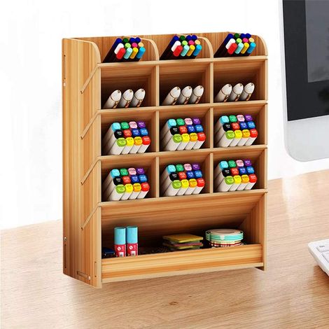 Organiseur De Bureau En Bambou - 13 Tiroirs - Pour Stylos Crayons Et Matériel Artistique - 21 X 9,12 X 25,5 Cm - 1 Pièce (1/2)