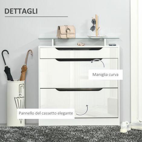 Meuble à chaussures d'entrée blanc brillant 89x23x96 cm, scarpiera étroite salvaspazio à 2 portes rabattables et tiroir, étagères réglables sur 2 niveaux, rangement pour 16 paires avec poignée. (1/5)