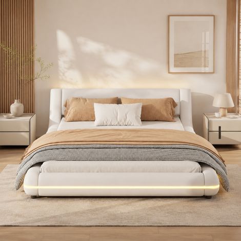 Letto basso 140 x 200 cm con LED multicolore via app, PU e MDF, bianco - REDOM (1/5)