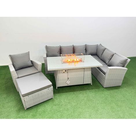Fimous 8 Seat Rattan Garden Furniture Corner Sofa Set Outdoor Gas Fire Pit Table Set with Big Footstool Light Grey (1/4)