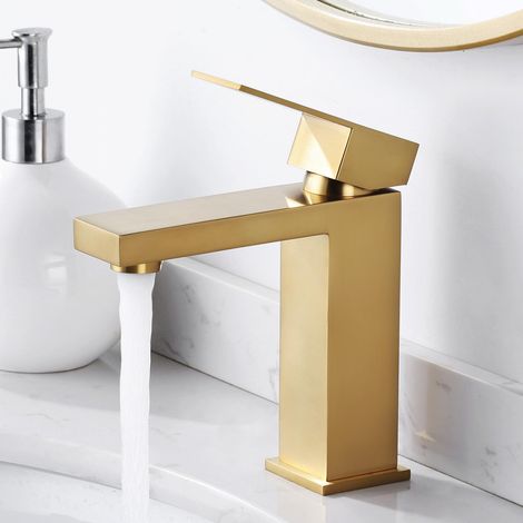 Robinet de Lavabo Salle de Bain Carrée, Mitigeur de Lavabo Monocommande avec Levier Unique Mélangeur Robinetterie pour Lavabo Vasque á Poser, en Acier Inoxydable, Or (1/5)