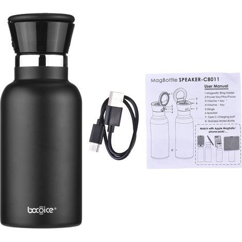 Borraccia da 350 ml con altoparlante Bluetooth ricaricabile magneticamente, in acciaio inossidabile, ideale per sport, palestra, ufficio, viaggi e attività all'aperto, impermeabile IP65, colore nero. (1/5)