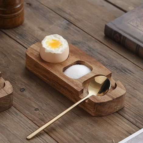 Porte-œufs en bois avec cuillère - Élégant et stable, idéal pour le petit-déjeuner, le brunch, les pique-niques et l'usage quotidien. (1/3)