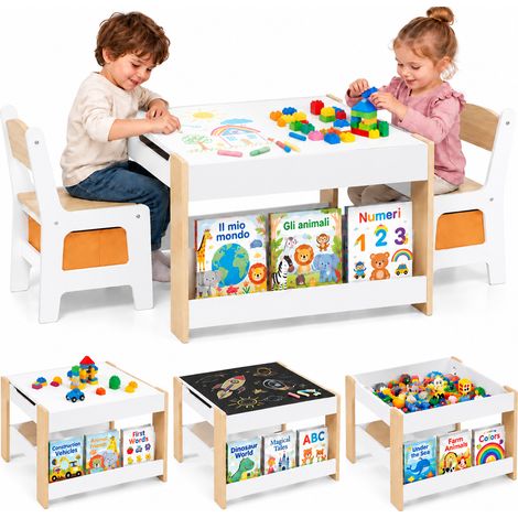 Set Tavolino per Bambini e Sedie 4 in 1 Sedie in Legno Piano Bianco e Arancione (1/5)