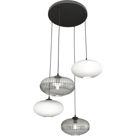 Lampadario 4 Luci Coco Base Tonda In Acciaio Nero Paralume Plissè Multicolor (1/5)