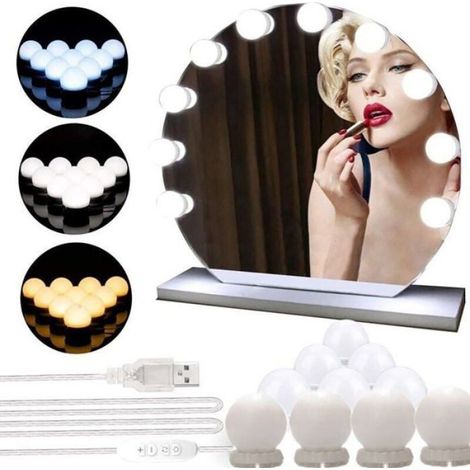 Kit Éclairage Miroir LED, 10 Ampoules Réglables, USB 3 Modes, Coiffeuse Blanc, Lumière Professionnelle (1/4)